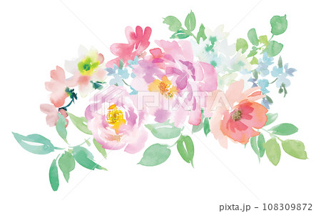 水彩で描いたピンクのバラと草花のブーケイラスト 108309872