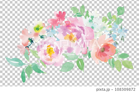 水彩で描いたピンクのバラと草花のブーケイラスト 108309872