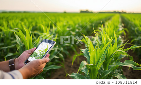 Farmer holding a smartphone in front of corn field. Smart digital farming. Plant growing control from smartphone 108311814