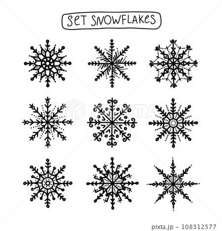 Vector set of black snowflakes icon. Flat snow icons for Christmas banner, cards. New year concept 108312577