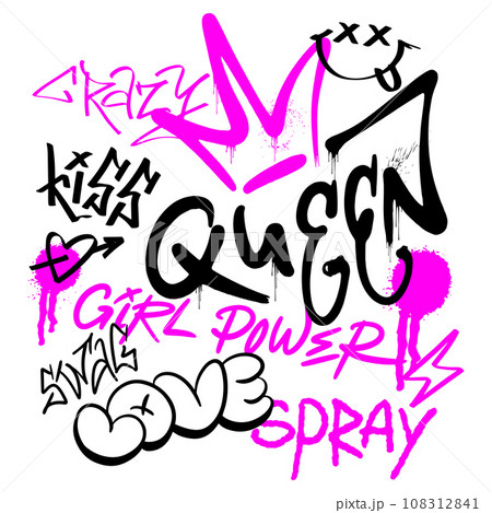 Street black and pink graffiti Queen in grunge style a white background. Symbols of feminism. Urban Street black and pink graffiti Queen in grunge style a white background. Symbols of feminism. Urban 108312841