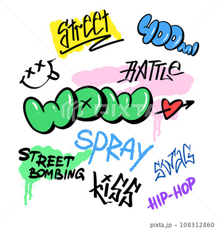 Street graffiti lettering elements in the grunge style with tags, drips and blobs. Urban spray Street graffiti lettering elements in the grunge style with tags, drips and blobs. Urban spray 108312860