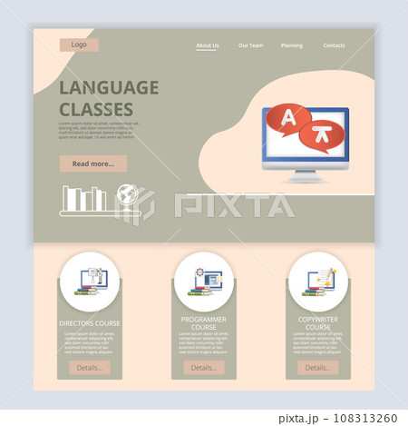 Language classes flat landing page website template. Directors course, programmer course, copywriter course. Web banner with header, content and footer. Vector illustration. Language classes flat landing page website template. Directors course, programmer course, copywriter course. Web banner with header, content and footer. Vector illustration. 108313260