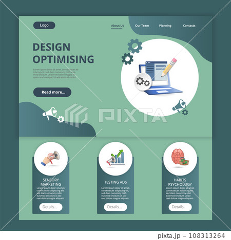 Design optimising flat landing page website template. Sensory marketing, testing ads, habits psychology. Web banner with header, content and footer. Vector illustration. Design optimising flat landing page website template. Sensory marketing, testing ads, habits psychology. Web banner with header, content and footer. Vector illustration. 108313264