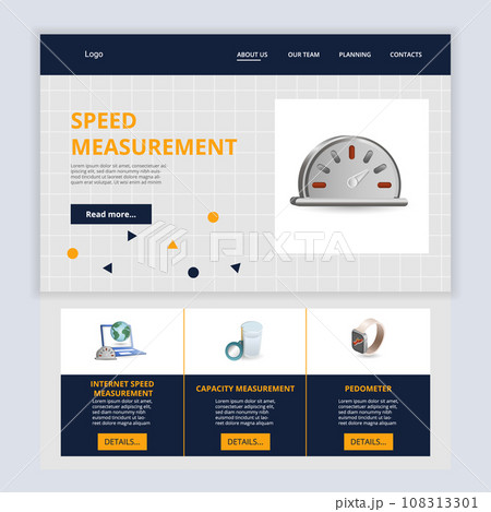 Speed measurement flat landing page website template. Internet speed measurement, capacity measurement, pedometer. Web banner with header, content and footer. Vector illustration. Speed measurement flat landing page website template. Internet speed measurement, capacity measurement, pedometer. Web banner with header, content and footer. Vector illustration. 108313301