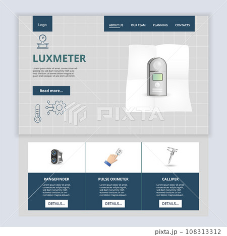 Luxmeter flat landing page website template. Rangefinder, pulse oximeter, calliper. Web banner with header, content and footer. Vector illustration. 108313312