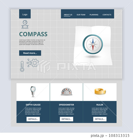 Compass flat landing page website template. Depth gauge, speedometer, ruler. Web banner with header, content and footer. Vector illustration. Compass flat landing page website template. Depth gauge, speedometer, ruler. Web banner with header, content and footer. Vector illustration. 108313315
