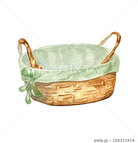 Empty wooden fruit or bread basket watercolor illustration isolated on white background. Hand drawn straw basket with cotton napkin. Design element for market, ingredients of dishes, label, package Empty wooden fruit or bread basket watercolor illustration isolated on white background. Hand drawn straw basket with cotton napkin. Design element for market, ingredients of dishes, label, package 108313419