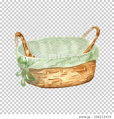 Empty wooden fruit or bread basket watercolor illustration isolated on white background. Hand drawn straw basket with cotton napkin. Design element for market, ingredients of dishes, label, package Empty wooden fruit or bread basket watercolor illustration isolated on white background. Hand drawn straw basket with cotton napkin. Design element for market, ingredients of dishes, label, package 108313419