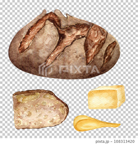 Rye bread whole and slice watercolor illustration isolated on white background. Hand drawn rustic slice of bread and butter set for bakery. Painted bread side view. Elements for poster, grocery Rye bread whole and slice watercolor illustration isolated on white background. Hand drawn rustic slice of bread and butter set for bakery. Painted bread side view. Elements for poster, grocery 108313420