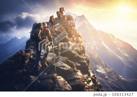 A Group of Mountaineers Climbing a Narrow Rocky Ridge on Their Way to the Summit in the Mountains A Group of Mountaineers Climbing a Narrow Rocky Ridge on Their Way to the Summit in the Mountains 108313427