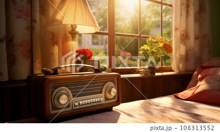 The FM channel is playing music, a stylish retro radio player stands on a wooden table. stylish kitchen in the village, daylight from the window. copy space 108313552