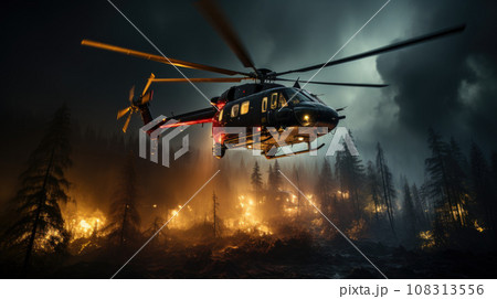 Fire fighting helicopter carry water bucket to extinguish the forest fire 108313556