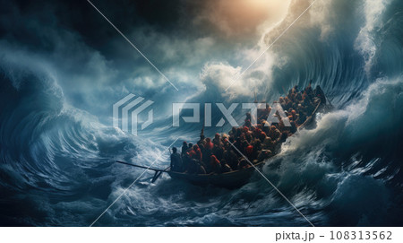 Migrants / refugees on boat through sea with cold water at night Migrants / refugees on boat through sea with cold water at night 108313562