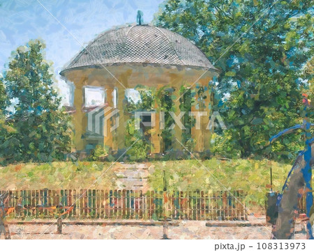 Retro vintage stylized pavilion against sun beams through trees, 108313973