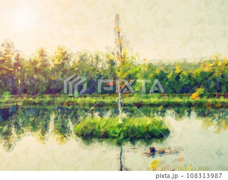 Morning fog on a lake in swamp. Fresh green birch in middle on an island. Morning fog on a lake in swamp. Fresh green birch in middle on an island. 108313987