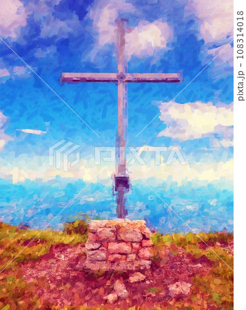 Iron cross at Canfedin mountain top in alp, Andalo and Molveno region. Cross on top of a mountain Iron cross at Canfedin mountain top in alp, Andalo and Molveno region. Cross on top of a mountain 108314018