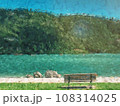Bench under a tree on a lake shore. Mountains at background. Take a rest near blue green lake. 108314025