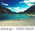 People walk at the lake bank, swimmers in the wooden pier 108314026