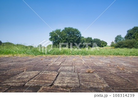 青い空と誰もいない公園の道 108314239