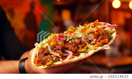 Kebab, pita, gyros, shaurma, wrap sandwich. Street food. Takeaway food. Kebab, pita, gyros, shaurma, wrap sandwich. Street food. Takeaway food. 108314635