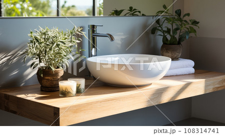 Generative ai illustration of white sink standing on a wooden vanity 108314741