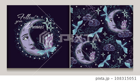 Pattern, label with crescent moon with face, stars, night butterfly, moth, crystal and star dust. Mythological fairytale, mystical concept. For clothing, apparel, T-shirts, kids design. Not AI Pattern, label with crescent moon with face, stars, night butterfly, moth, crystal and star dust. Mythological fairytale, mystical concept. For clothing, apparel, T-shirts, kids design. Not AI 108315051