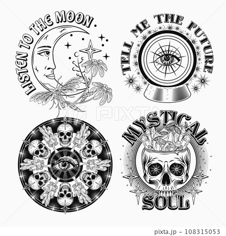 Set of labels with magic crystal ball, moon, human skull, text. Surreal, mystic, occult concept. For clothing, apparel, T-shirts, surface decoration. Vintage style illustration on white background Set of labels with magic crystal ball, moon, human skull, text. Surreal, mystic, occult concept. For clothing, apparel, T-shirts, surface decoration. Vintage style illustration on white background 108315053