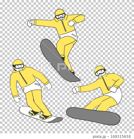 Illustration material set of a man sliding and jumping on a snowboard Illustration material set of a man sliding and jumping on a snowboard 108315658