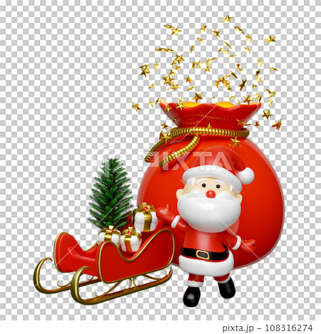 Santa claus with gift bag, sleigh, gift box, christmas tree. merry christmas and festive New Year, 3d render illustration Santa claus with gift bag, sleigh, gift box, christmas tree. merry christmas and festive New Year, 3d render illustration 108316274