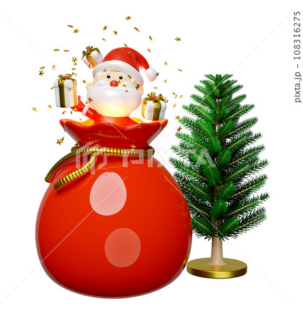 Santa claus with gift bag, gift box, christmas tree. merry christmas and festive New Year, 3d render illustration Santa claus with gift bag, gift box, christmas tree. merry christmas and festive New Year, 3d render illustration 108316275