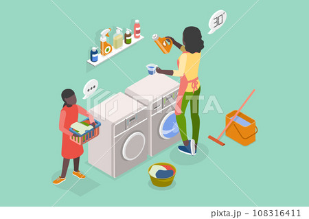 3D Isometric Flat Vector Illustration of Mom And Daughter Doing Housework 108316411