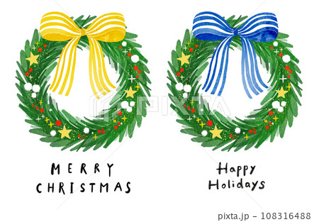 青と黄色の大きなストライプリボンのついたシンプルでおしゃれなクリスマスリース  水彩タッチ   108316488
