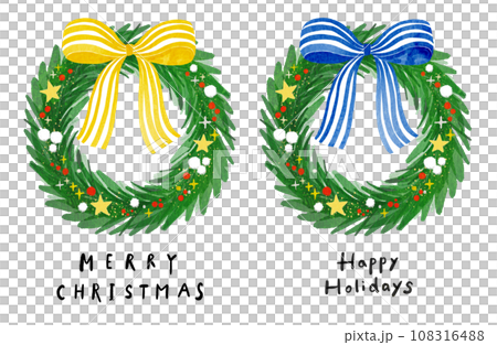 一個簡單而時尚的聖誕花環，帶有大藍色和黃色條紋絲帶 - 水彩觸感 108316488