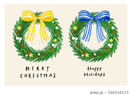 青と黄色の大きなストライプリボンのついたシンプルでおしゃれなクリスマスリース  水彩タッチ   108316513