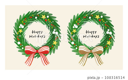 ゴールドと赤のストライプの大きなリボンのついたシンプルでおしゃれなクリスマスリース 水彩タッチ ゴールドと赤のストライプの大きなリボンのついたシンプルでおしゃれなクリスマスリース 水彩タッチ 108316514
