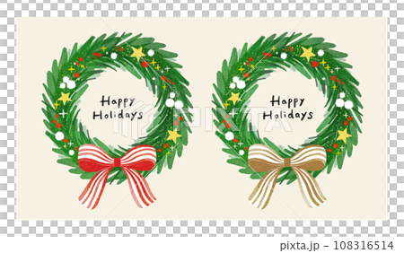 ゴールドと赤のストライプの大きなリボンのついたシンプルでおしゃれなクリスマスリース 水彩タッチ ゴールドと赤のストライプの大きなリボンのついたシンプルでおしゃれなクリスマスリース 水彩タッチ 108316514
