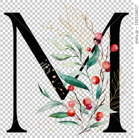Black letter M with watercolor twigs with green and golden leaves and red berries, Christmas isolated Illustration 108316637