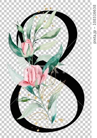 Black number 8 with pink watercolor flowers and green and golden leaves, isolated illustration. 108316638
