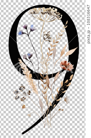 Black number 9 with brown autumn watercolor wildflowers and leaves, isolated illustration 108316647