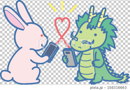 New Year's card end sticker_Rabbit and dragon communicating via smartphone_From the Year of the Rabbit to the Year of the Dragon 108316663