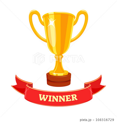 Golden winner cup with red ribbon. Champion s Award. First place prize 108316729