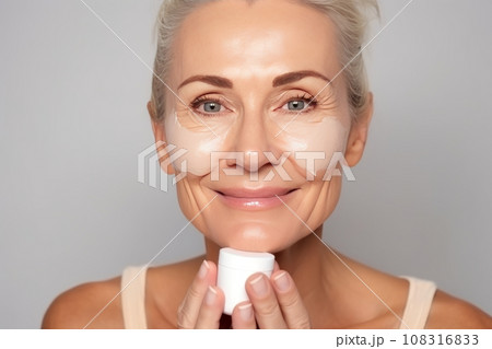 Close-up of middle-aged Caucasian woman touching her face to apply moisturizer. Smiling face of adult brunette lady with daily cream, facial cosmetics. Skin care. Grey background, copy space. 108316833