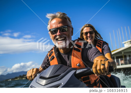 Happy smiling elderly Caucasian couple in life vests riding jet ski on a lake or along sea coast. Active senior people having fun on water scooter. Healthy lifestyle for retired persons. 108316915