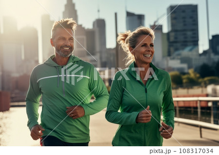 Athletic adult couple jogging along the street of modern city. Mature slender Caucasian man and woman in sports outfit having fun and smiling while running. Active lifestyle in urban environment. Athletic adult couple jogging along the street of modern city. Mature slender Caucasian man and woman in sports outfit having fun and smiling while running. Active lifestyle in urban environment. 108317034