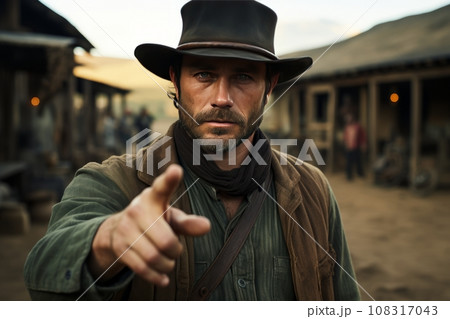 Portrait of a mature man in cowboy clothes against the backdrop of a wild western settlement. The Red Dead Redemption character looks at the camera with a confident smile and raised his index finger. Portrait of a mature man in cowboy clothes against the backdrop of a wild western settlement. The Red Dead Redemption character looks at the camera with a confident smile and raised his index finger. 108317043