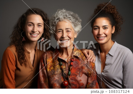 Half-length portrait of three charming Caucasian women of different ages. Two young girls and elderly gray-haired lady smile at camera while posing together. Family ties, mutual understanding. Half-length portrait of three charming Caucasian women of different ages. Two young girls and elderly gray-haired lady smile at camera while posing together. Family ties, mutual understanding. 108317124