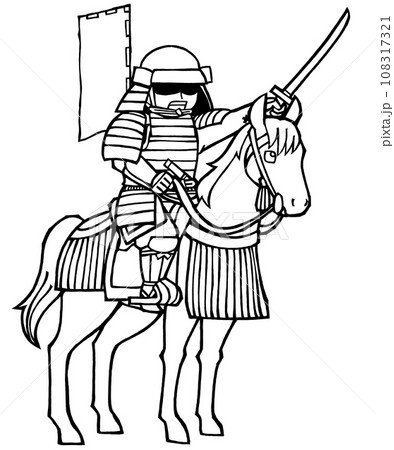 武者（騎馬かかれ・旗・モノクロ 108317321