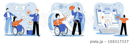 Social welfare. Vector illustration. Aid and assistance programs aim to uplift individuals and communities through social welfare efforts Volunteering is selfless act contributes to betterment society Social welfare. Vector illustration. Aid and assistance programs aim to uplift individuals and communities through social welfare efforts Volunteering is selfless act contributes to betterment society 108317337