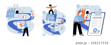 Manufacturer model. Vector illustration. The manufacturer model metaphor compares production process to well-orchestrated system Engineering expertise is necessary for design and development Manufacturer model. Vector illustration. The manufacturer model metaphor compares production process to well-orchestrated system Engineering expertise is necessary for design and development 108317338